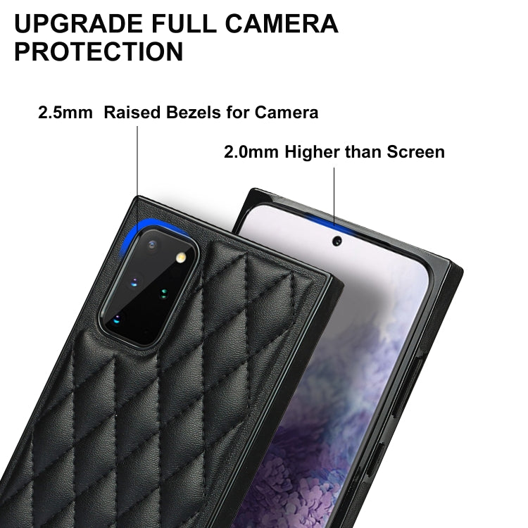 For Samsung Galaxy S20+ Elegant Rhombic Pattern Microfiber Leather +TPU Shockproof Case with Crossbody Strap Chain