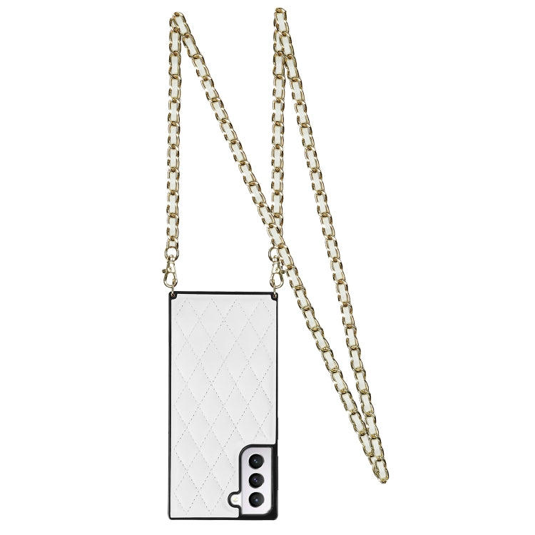 For Samsung Galaxy S21 5G Elegant Rhombic Pattern Microfiber Leather +TPU Shockproof Case with Crossbody Strap Chain