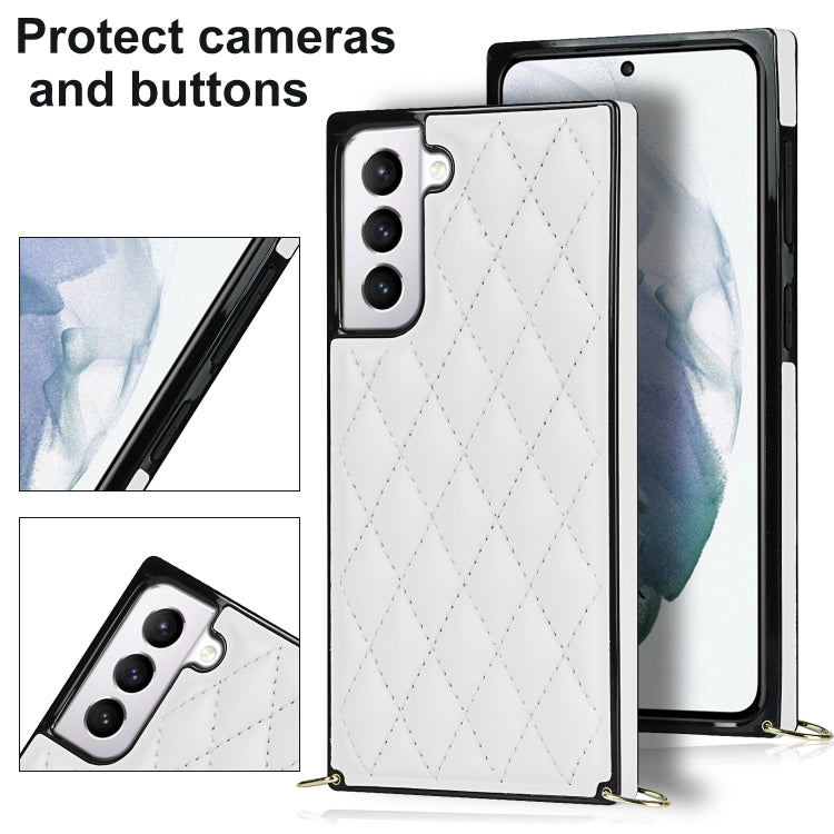 For Samsung Galaxy S21 5G Elegant Rhombic Pattern Microfiber Leather +TPU Shockproof Case with Crossbody Strap Chain