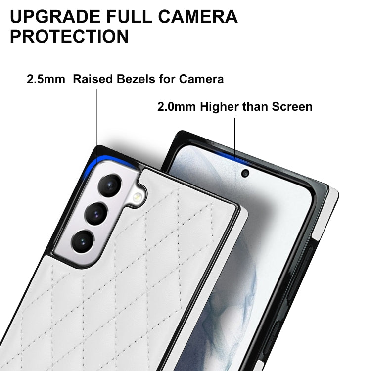 For Samsung Galaxy S21 5G Elegant Rhombic Pattern Microfiber Leather +TPU Shockproof Case with Crossbody Strap Chain