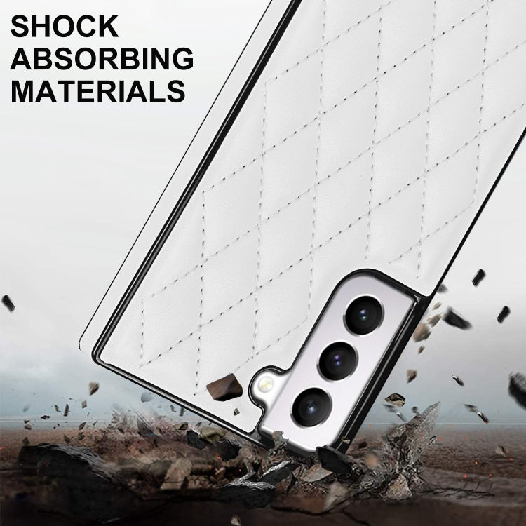 For Samsung Galaxy S21 5G Elegant Rhombic Pattern Microfiber Leather +TPU Shockproof Case with Crossbody Strap Chain