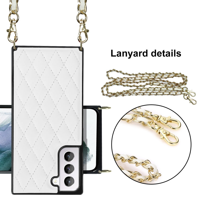 For Samsung Galaxy S21 5G Elegant Rhombic Pattern Microfiber Leather +TPU Shockproof Case with Crossbody Strap Chain