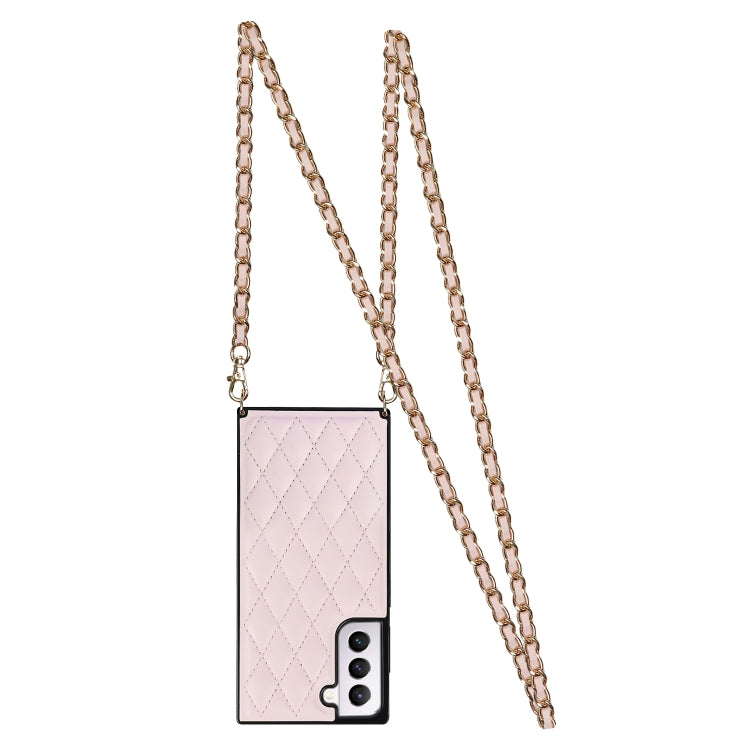 For Samsung Galaxy S21 5G Elegant Rhombic Pattern Microfiber Leather +TPU Shockproof Case with Crossbody Strap Chain