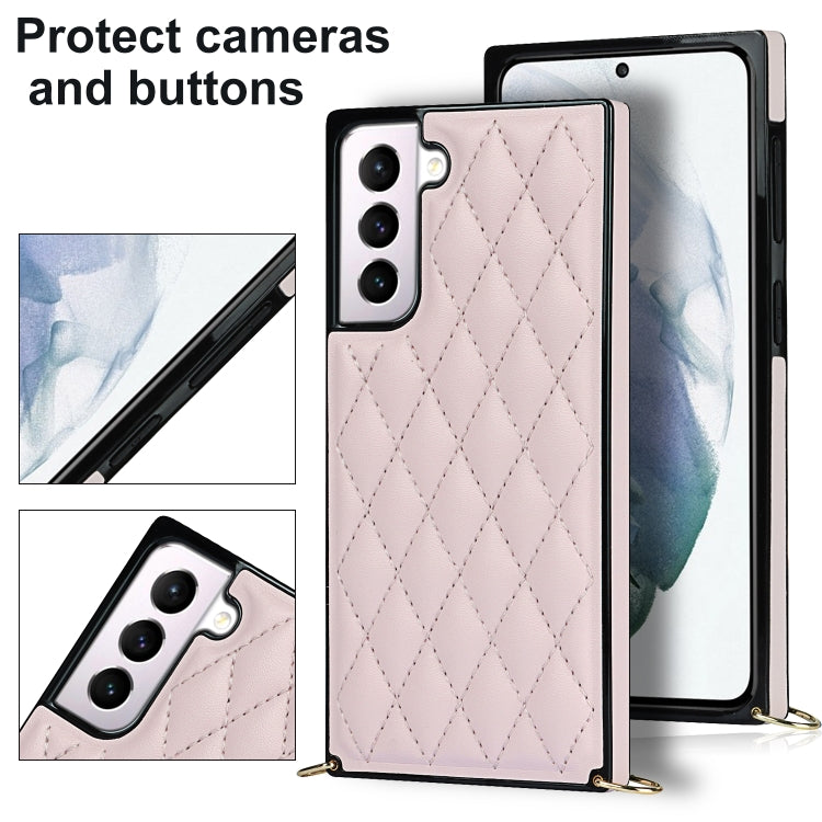 For Samsung Galaxy S21 5G Elegant Rhombic Pattern Microfiber Leather +TPU Shockproof Case with Crossbody Strap Chain