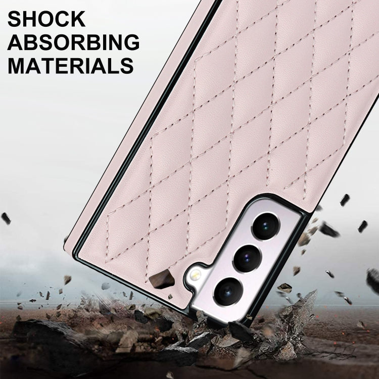 For Samsung Galaxy S21 5G Elegant Rhombic Pattern Microfiber Leather +TPU Shockproof Case with Crossbody Strap Chain