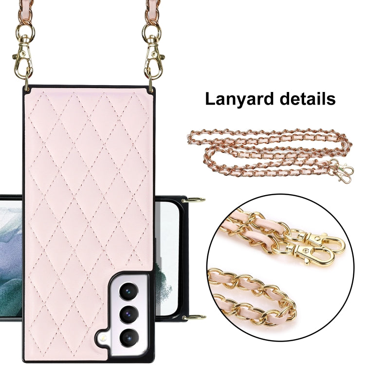 For Samsung Galaxy S21 5G Elegant Rhombic Pattern Microfiber Leather +TPU Shockproof Case with Crossbody Strap Chain