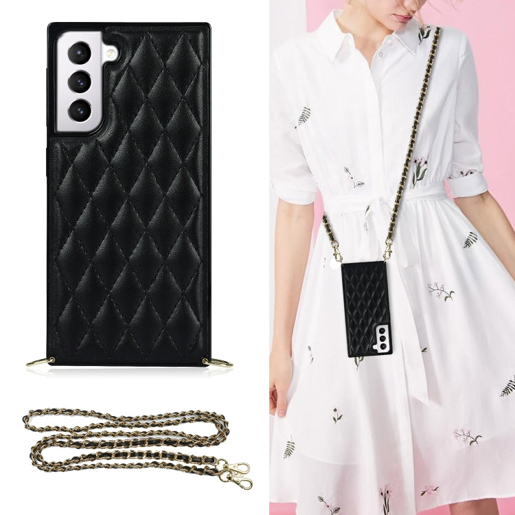 For Samsung Galaxy S21 5G Elegant Rhombic Pattern Microfiber Leather +TPU Shockproof Case with Crossbody Strap Chain