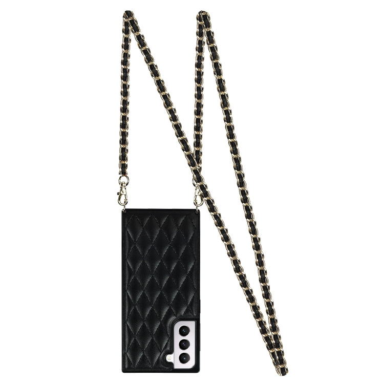 For Samsung Galaxy S21 5G Elegant Rhombic Pattern Microfiber Leather +TPU Shockproof Case with Crossbody Strap Chain