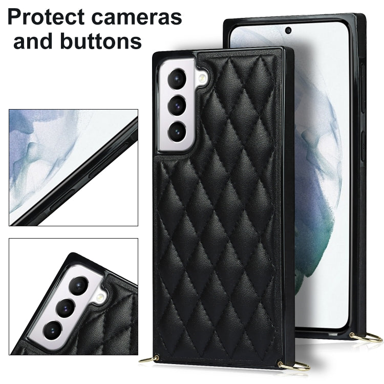 For Samsung Galaxy S21 5G Elegant Rhombic Pattern Microfiber Leather +TPU Shockproof Case with Crossbody Strap Chain
