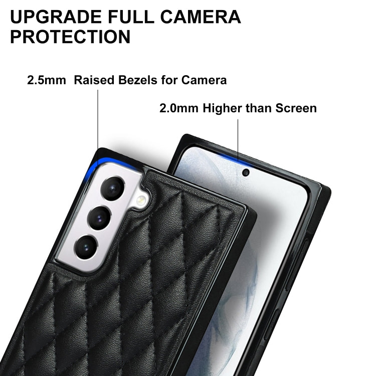 For Samsung Galaxy S21 5G Elegant Rhombic Pattern Microfiber Leather +TPU Shockproof Case with Crossbody Strap Chain