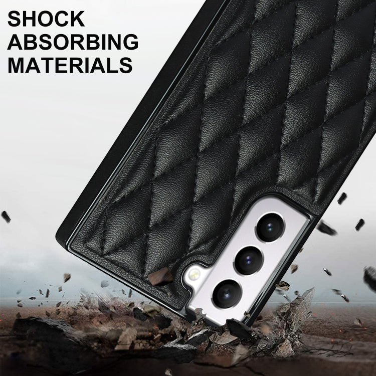 For Samsung Galaxy S21 5G Elegant Rhombic Pattern Microfiber Leather +TPU Shockproof Case with Crossbody Strap Chain