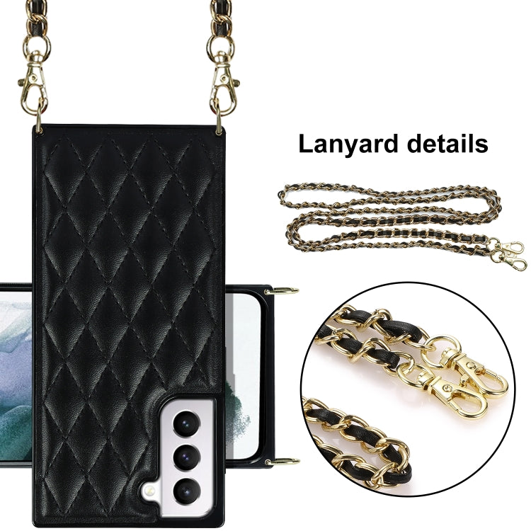 For Samsung Galaxy S21 5G Elegant Rhombic Pattern Microfiber Leather +TPU Shockproof Case with Crossbody Strap Chain