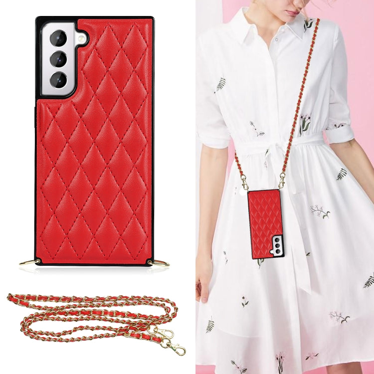 For Samsung Galaxy S21 5G Elegant Rhombic Pattern Microfiber Leather +TPU Shockproof Case with Crossbody Strap Chain