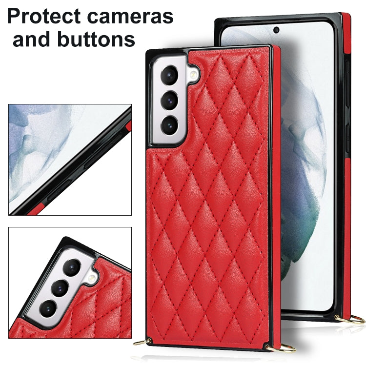For Samsung Galaxy S21 5G Elegant Rhombic Pattern Microfiber Leather +TPU Shockproof Case with Crossbody Strap Chain