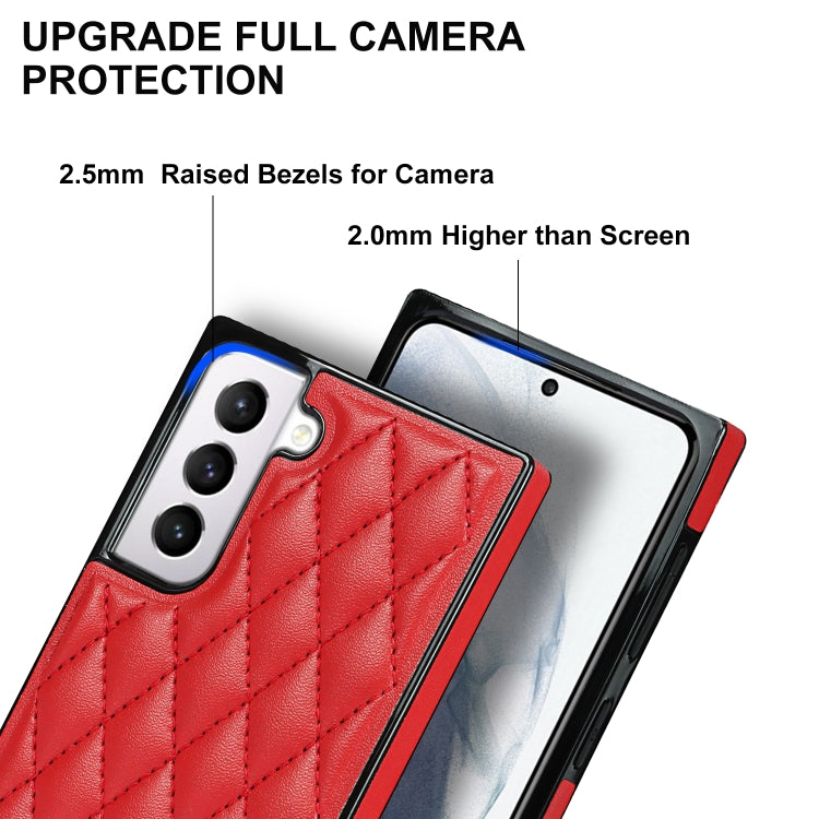 For Samsung Galaxy S21 5G Elegant Rhombic Pattern Microfiber Leather +TPU Shockproof Case with Crossbody Strap Chain