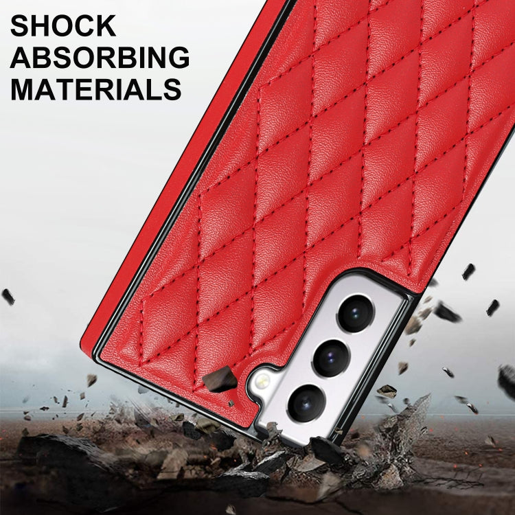 For Samsung Galaxy S21 5G Elegant Rhombic Pattern Microfiber Leather +TPU Shockproof Case with Crossbody Strap Chain