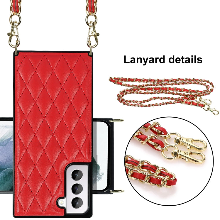 For Samsung Galaxy S21 5G Elegant Rhombic Pattern Microfiber Leather +TPU Shockproof Case with Crossbody Strap Chain
