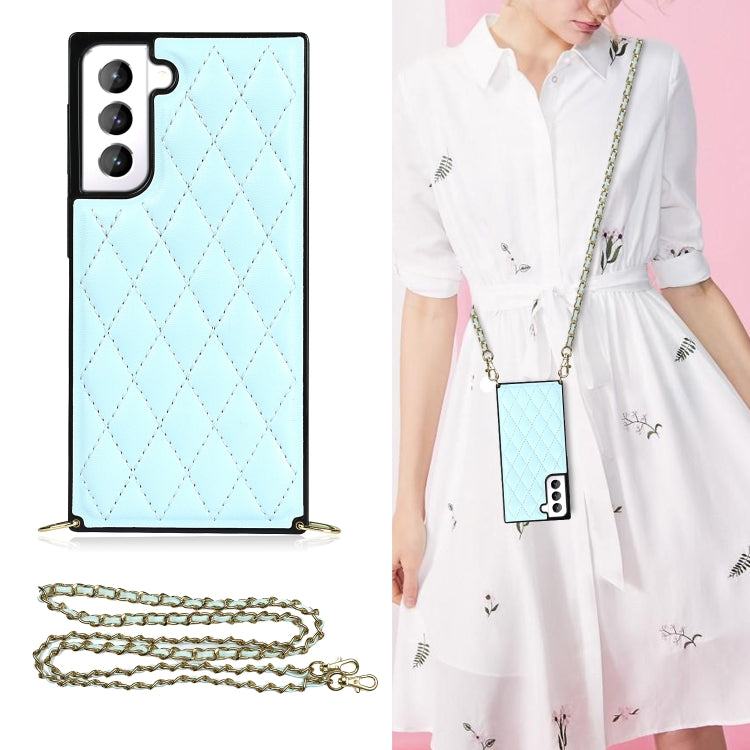 For Samsung Galaxy S21 5G Elegant Rhombic Pattern Microfiber Leather +TPU Shockproof Case with Crossbody Strap Chain