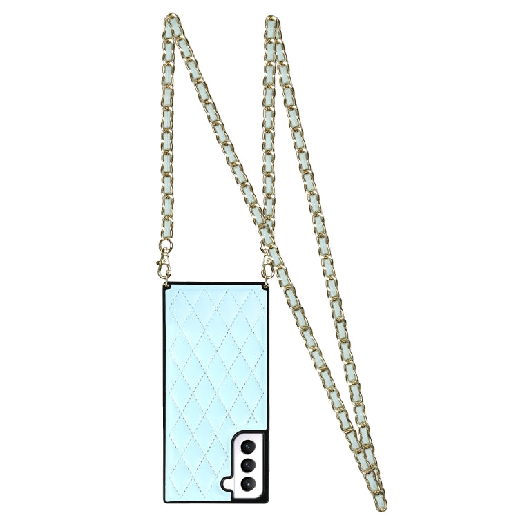 For Samsung Galaxy S21 5G Elegant Rhombic Pattern Microfiber Leather +TPU Shockproof Case with Crossbody Strap Chain
