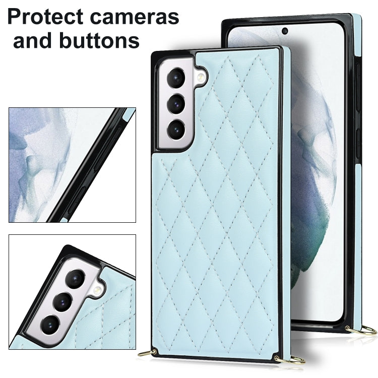 For Samsung Galaxy S21 5G Elegant Rhombic Pattern Microfiber Leather +TPU Shockproof Case with Crossbody Strap Chain