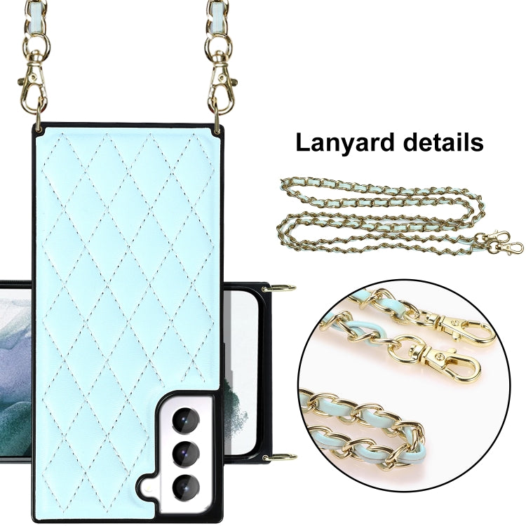 For Samsung Galaxy S21 5G Elegant Rhombic Pattern Microfiber Leather +TPU Shockproof Case with Crossbody Strap Chain