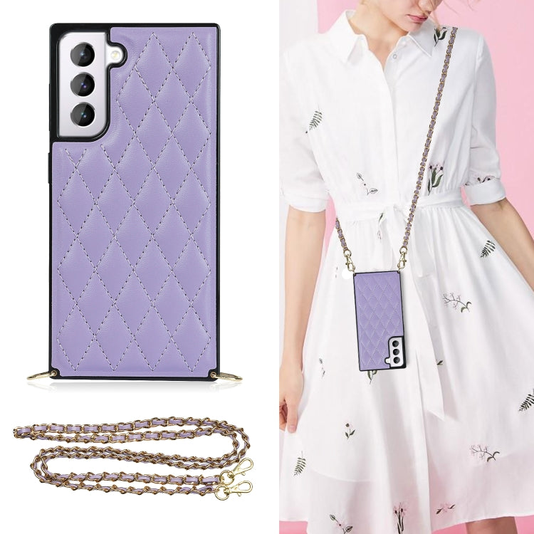 For Samsung Galaxy S21 5G Elegant Rhombic Pattern Microfiber Leather +TPU Shockproof Case with Crossbody Strap Chain