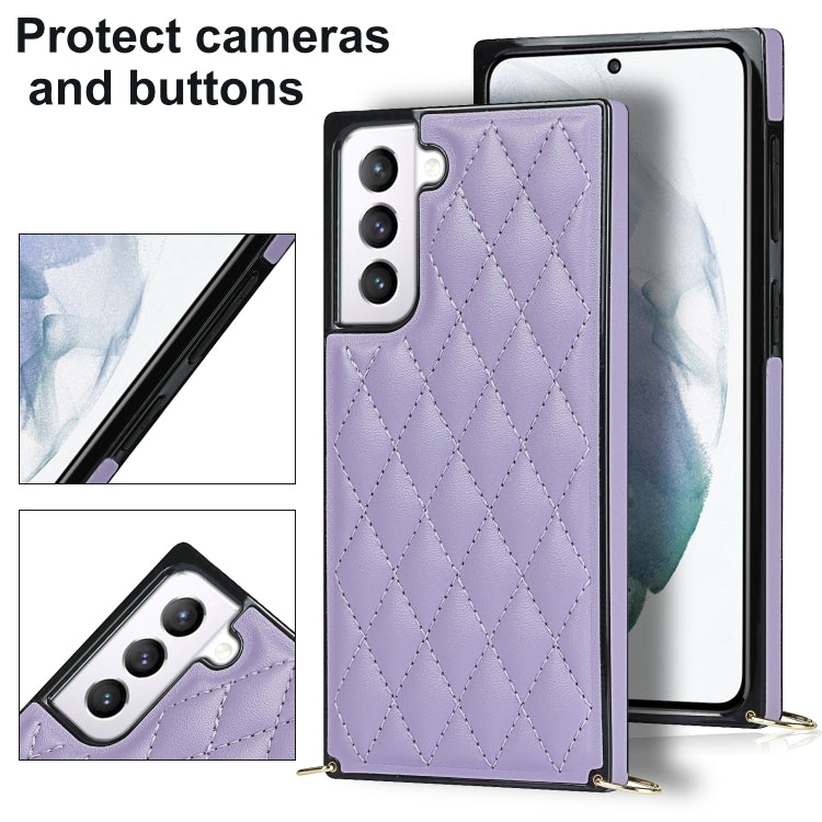 For Samsung Galaxy S21 5G Elegant Rhombic Pattern Microfiber Leather +TPU Shockproof Case with Crossbody Strap Chain