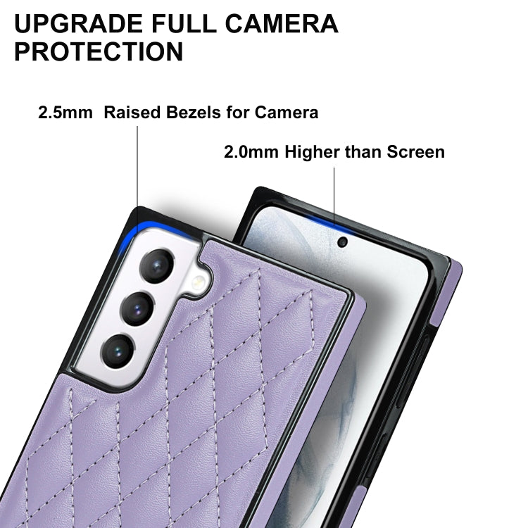For Samsung Galaxy S21 5G Elegant Rhombic Pattern Microfiber Leather +TPU Shockproof Case with Crossbody Strap Chain
