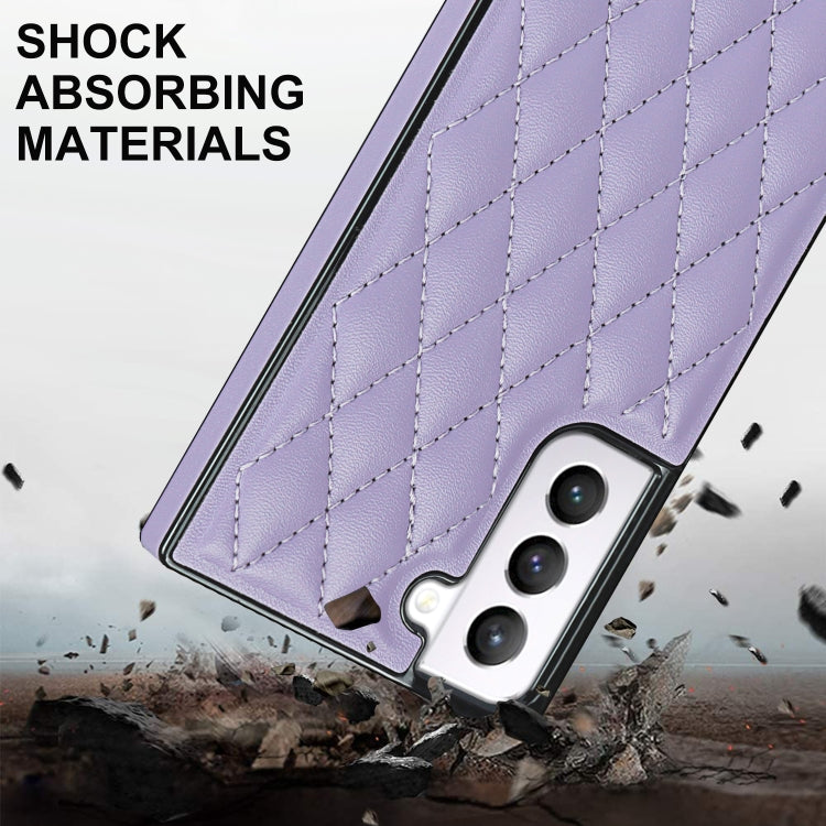 For Samsung Galaxy S21 5G Elegant Rhombic Pattern Microfiber Leather +TPU Shockproof Case with Crossbody Strap Chain