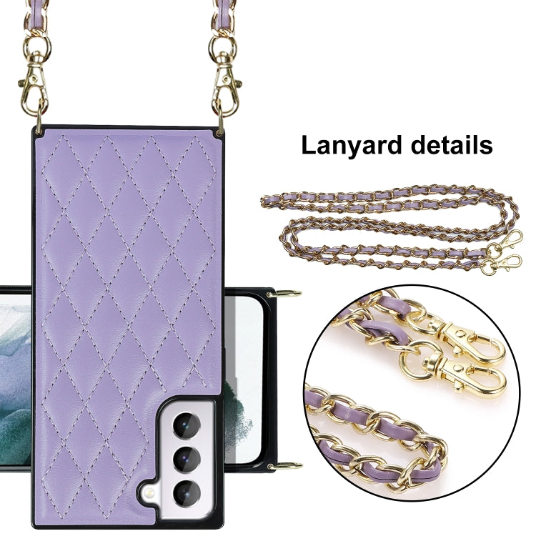 For Samsung Galaxy S21 5G Elegant Rhombic Pattern Microfiber Leather +TPU Shockproof Case with Crossbody Strap Chain