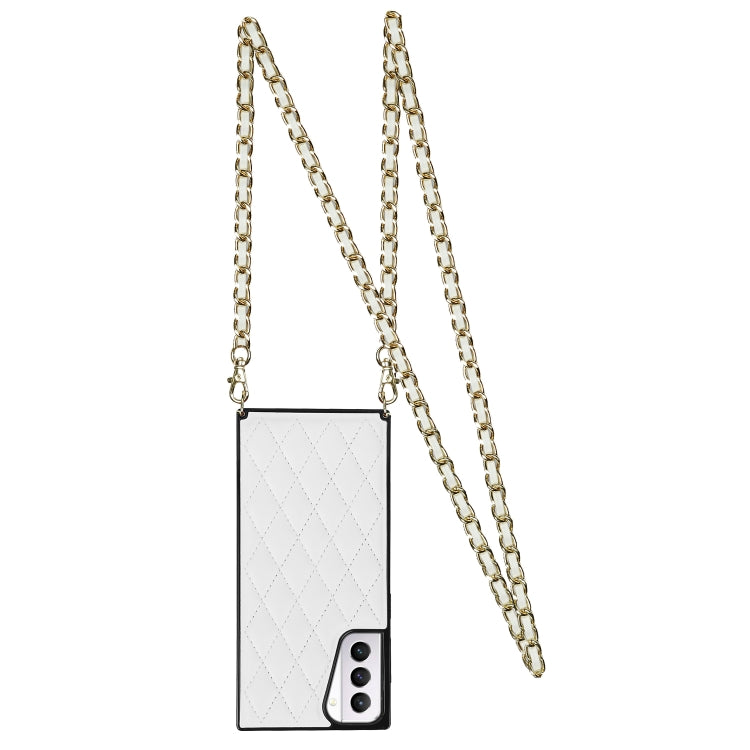 For Samsung Galaxy S21+ 5G Elegant Rhombic Pattern Microfiber Leather +TPU Shockproof Case with Crossbody Strap Chain
