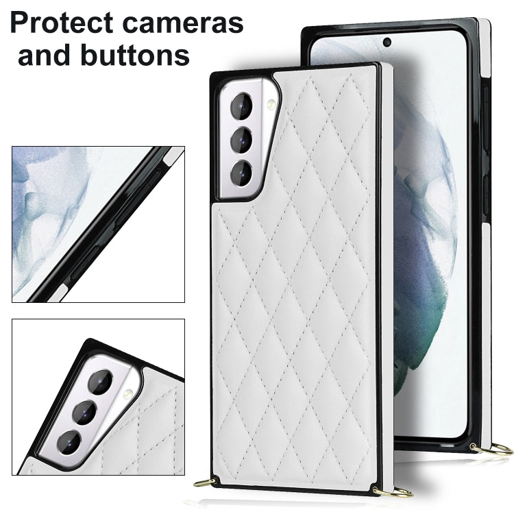 For Samsung Galaxy S21+ 5G Elegant Rhombic Pattern Microfiber Leather +TPU Shockproof Case with Crossbody Strap Chain