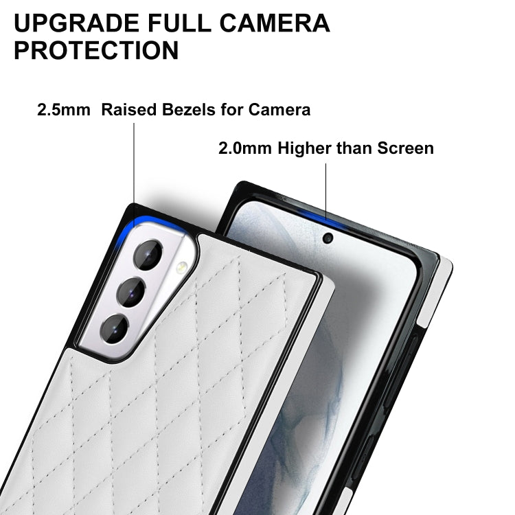 For Samsung Galaxy S21+ 5G Elegant Rhombic Pattern Microfiber Leather +TPU Shockproof Case with Crossbody Strap Chain