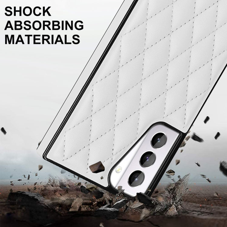 For Samsung Galaxy S21+ 5G Elegant Rhombic Pattern Microfiber Leather +TPU Shockproof Case with Crossbody Strap Chain