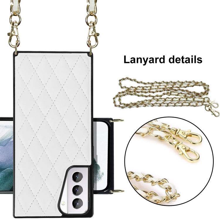 For Samsung Galaxy S21+ 5G Elegant Rhombic Pattern Microfiber Leather +TPU Shockproof Case with Crossbody Strap Chain