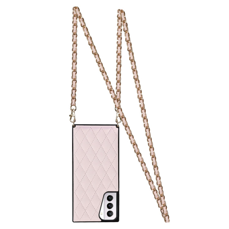 For Samsung Galaxy S21+ 5G Elegant Rhombic Pattern Microfiber Leather +TPU Shockproof Case with Crossbody Strap Chain
