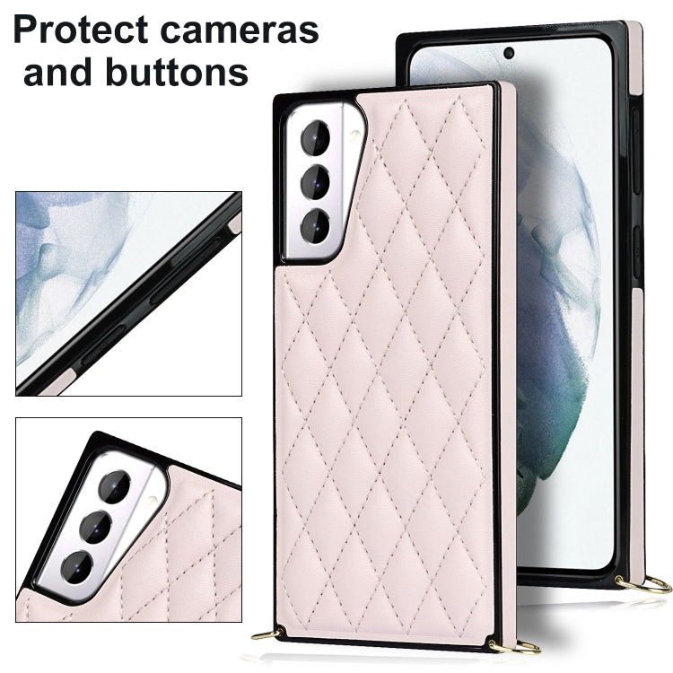 For Samsung Galaxy S21+ 5G Elegant Rhombic Pattern Microfiber Leather +TPU Shockproof Case with Crossbody Strap Chain