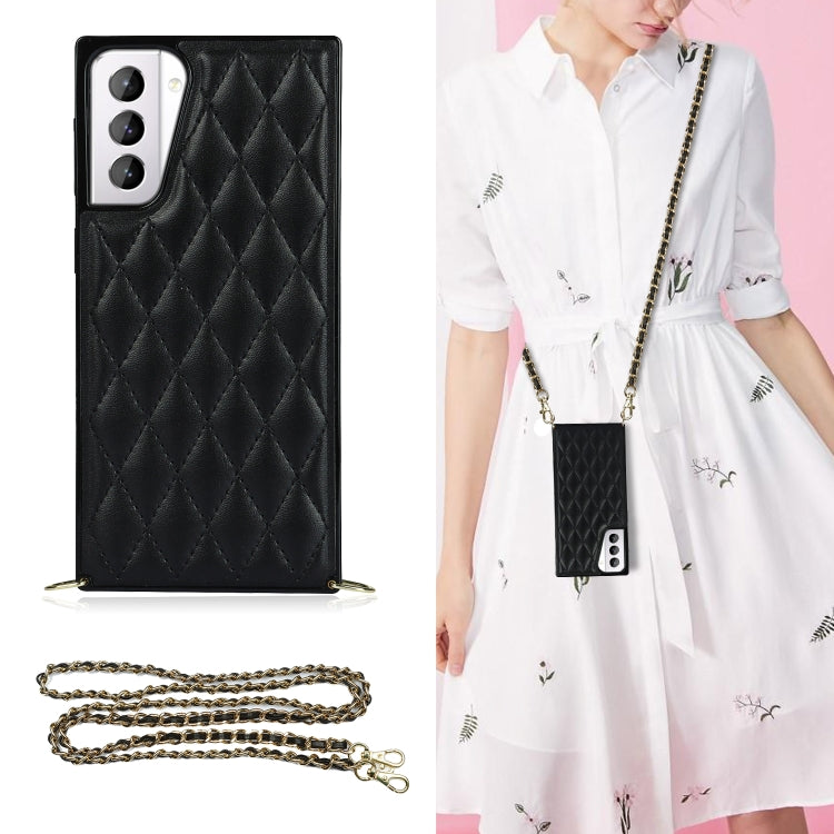 For Samsung Galaxy S21+ 5G Elegant Rhombic Pattern Microfiber Leather +TPU Shockproof Case with Crossbody Strap Chain