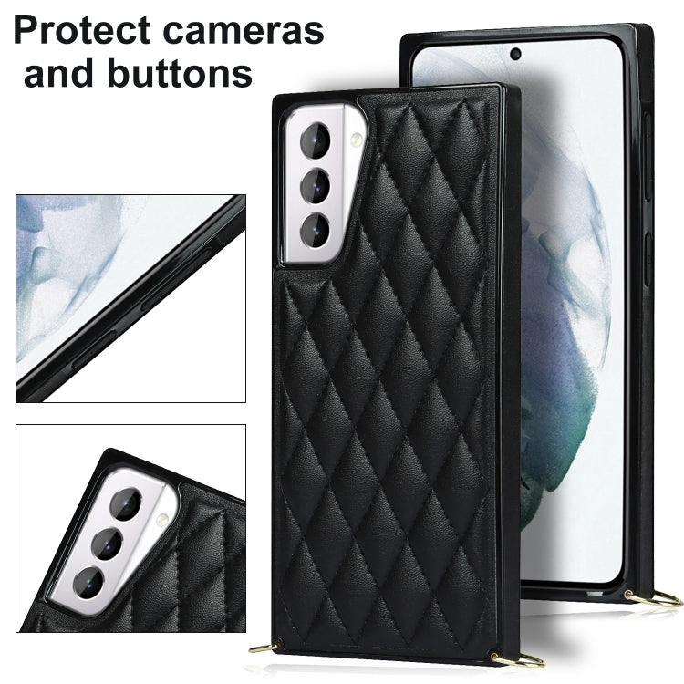 For Samsung Galaxy S21+ 5G Elegant Rhombic Pattern Microfiber Leather +TPU Shockproof Case with Crossbody Strap Chain