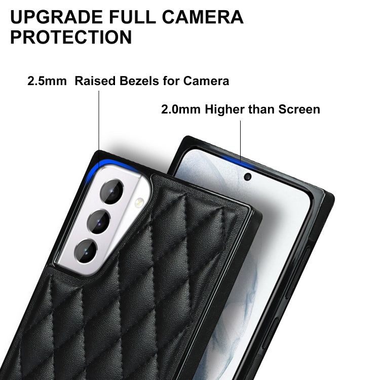 For Samsung Galaxy S21+ 5G Elegant Rhombic Pattern Microfiber Leather +TPU Shockproof Case with Crossbody Strap Chain