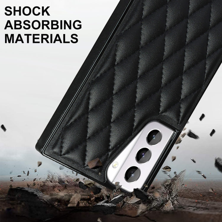 For Samsung Galaxy S21+ 5G Elegant Rhombic Pattern Microfiber Leather +TPU Shockproof Case with Crossbody Strap Chain