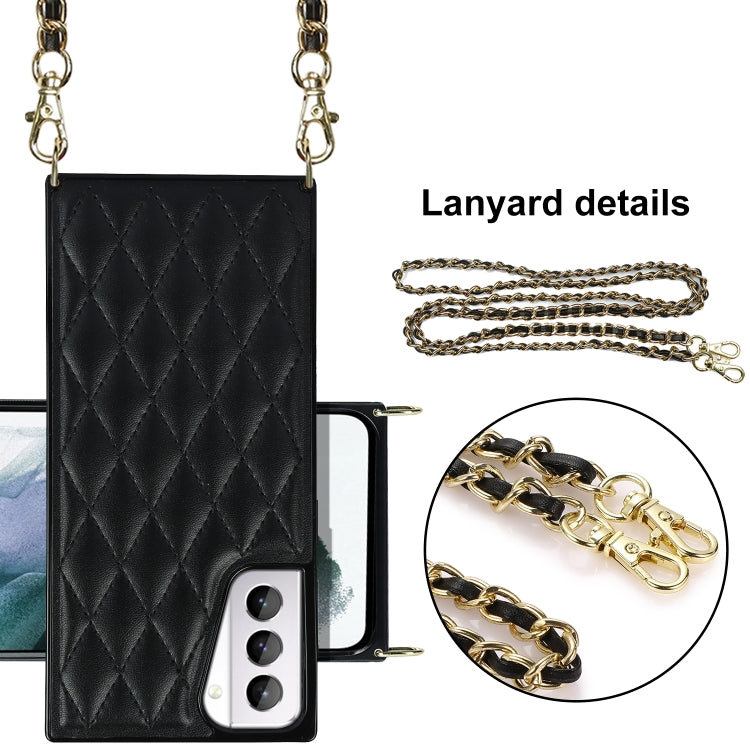 For Samsung Galaxy S21+ 5G Elegant Rhombic Pattern Microfiber Leather +TPU Shockproof Case with Crossbody Strap Chain