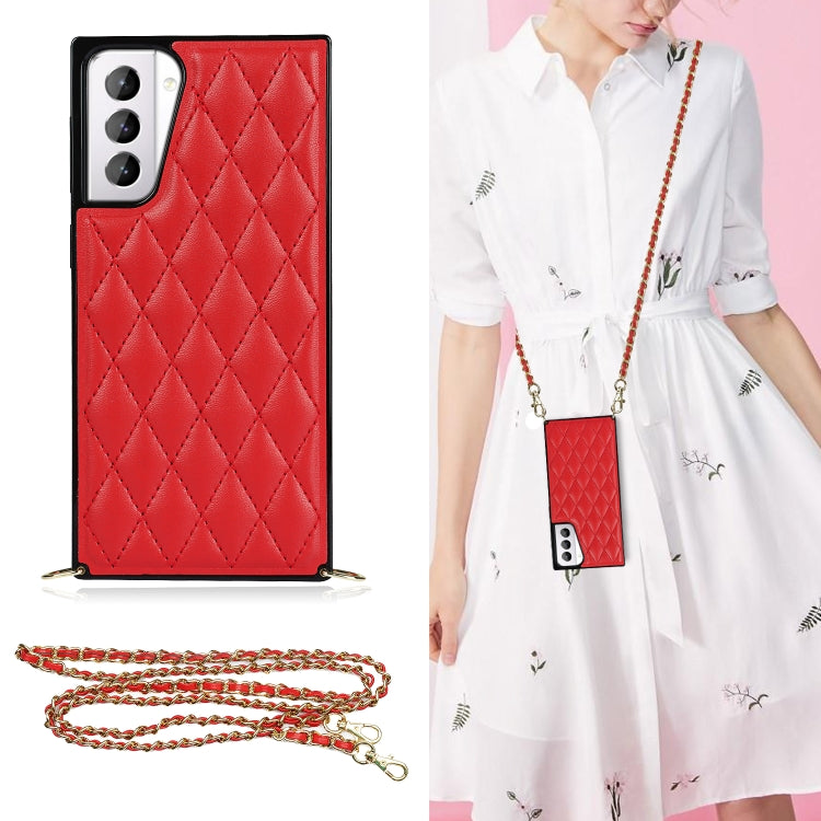 For Samsung Galaxy S21+ 5G Elegant Rhombic Pattern Microfiber Leather +TPU Shockproof Case with Crossbody Strap Chain