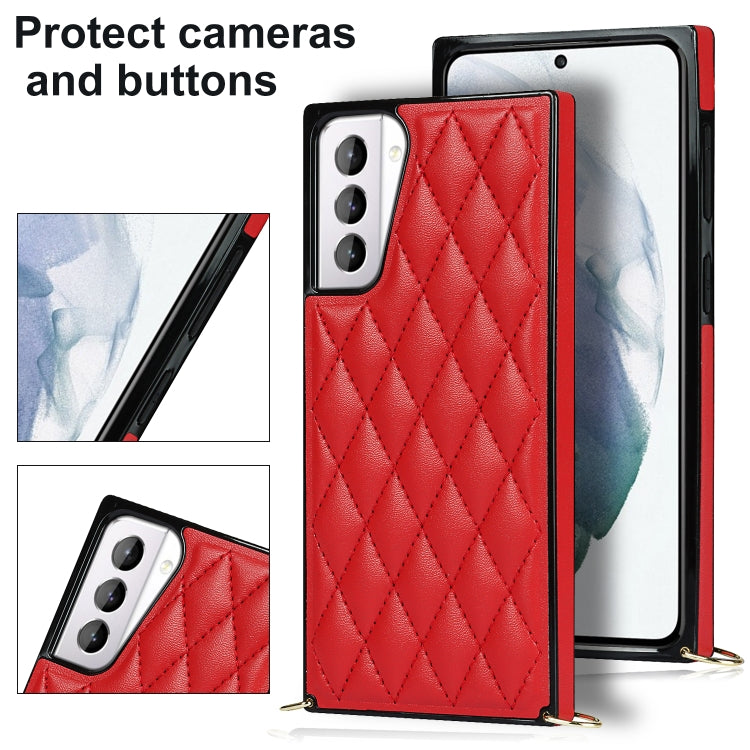 For Samsung Galaxy S21+ 5G Elegant Rhombic Pattern Microfiber Leather +TPU Shockproof Case with Crossbody Strap Chain