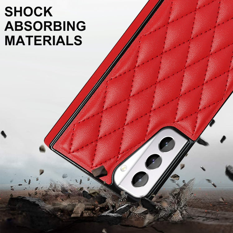 For Samsung Galaxy S21+ 5G Elegant Rhombic Pattern Microfiber Leather +TPU Shockproof Case with Crossbody Strap Chain