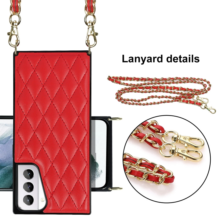 For Samsung Galaxy S21+ 5G Elegant Rhombic Pattern Microfiber Leather +TPU Shockproof Case with Crossbody Strap Chain
