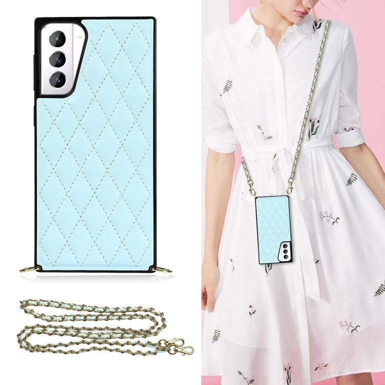 For Samsung Galaxy S21+ 5G Elegant Rhombic Pattern Microfiber Leather +TPU Shockproof Case with Crossbody Strap Chain
