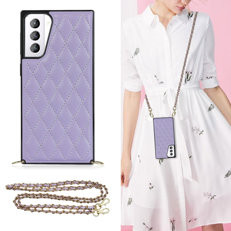 For Samsung Galaxy S21+ 5G Elegant Rhombic Pattern Microfiber Leather +TPU Shockproof Case with Crossbody Strap Chain