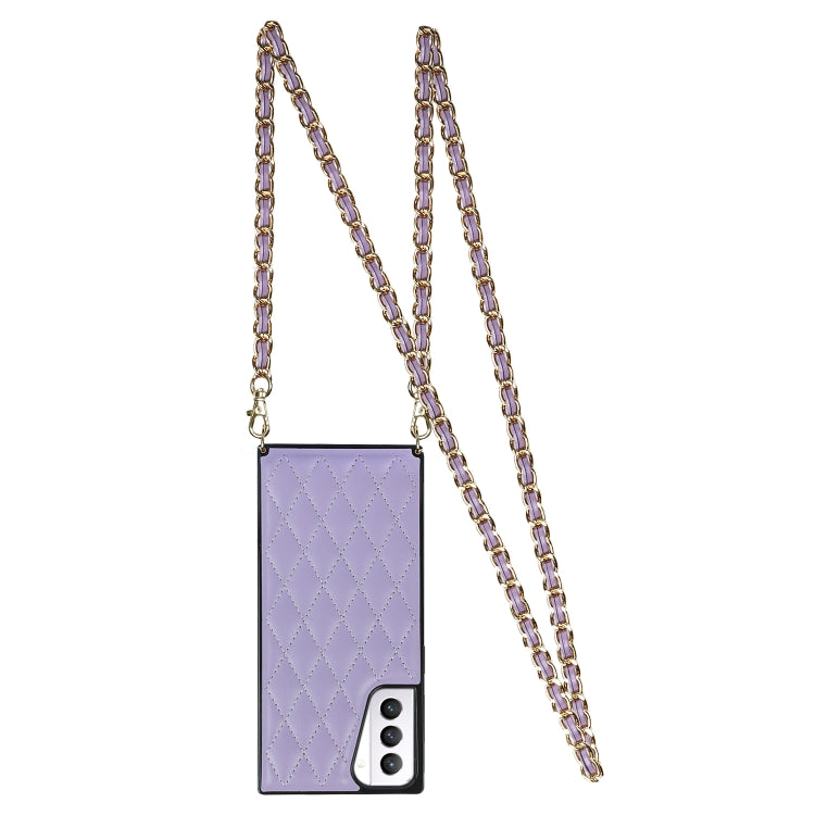 For Samsung Galaxy S21+ 5G Elegant Rhombic Pattern Microfiber Leather +TPU Shockproof Case with Crossbody Strap Chain