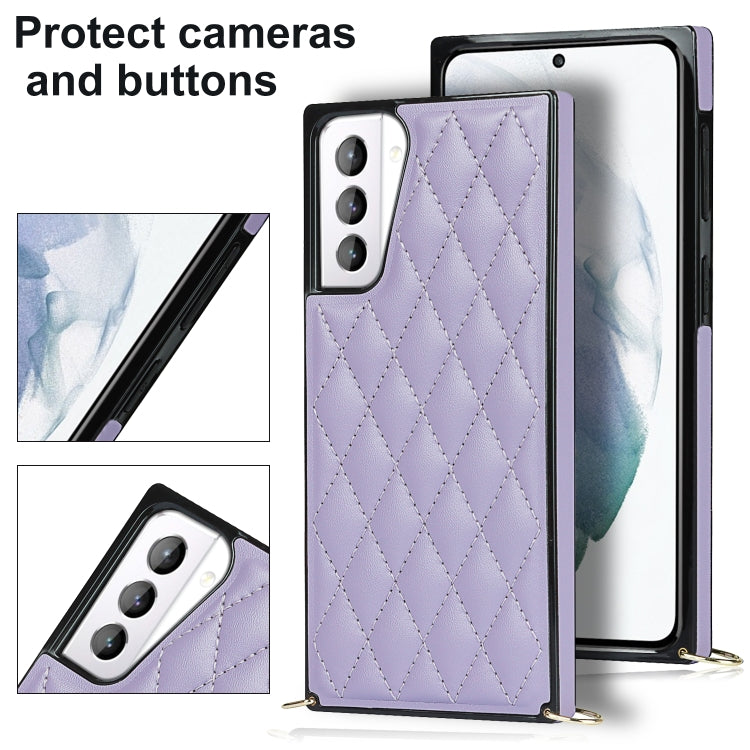 For Samsung Galaxy S21+ 5G Elegant Rhombic Pattern Microfiber Leather +TPU Shockproof Case with Crossbody Strap Chain